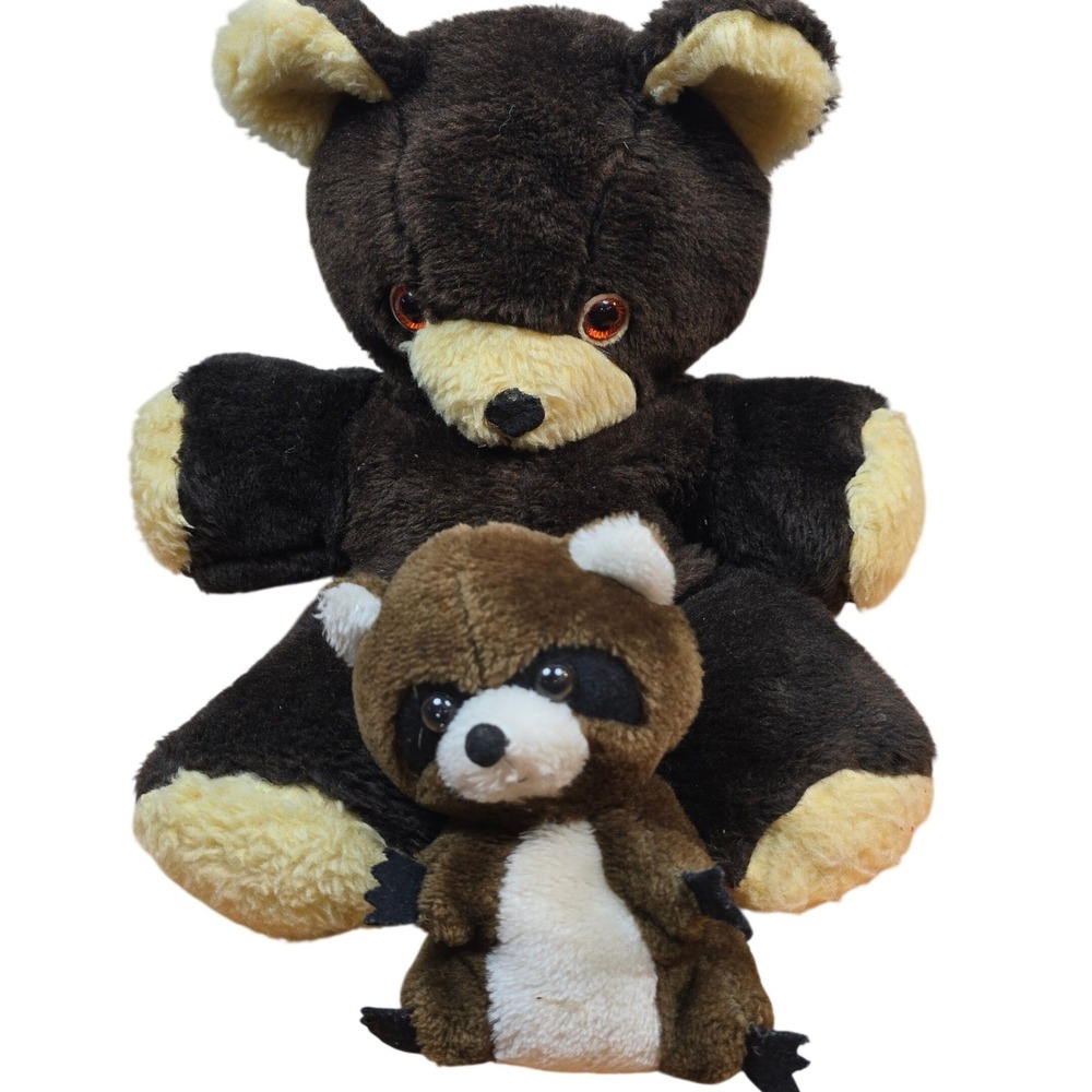 Vintage 17" Teddy Bear 7" Raccoon Stuffed Plush shredded ground nut shells